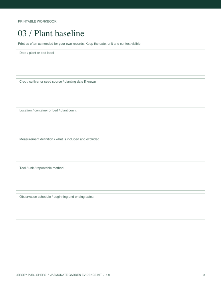 An actual plant-baseline page from the Garden Records Workbook